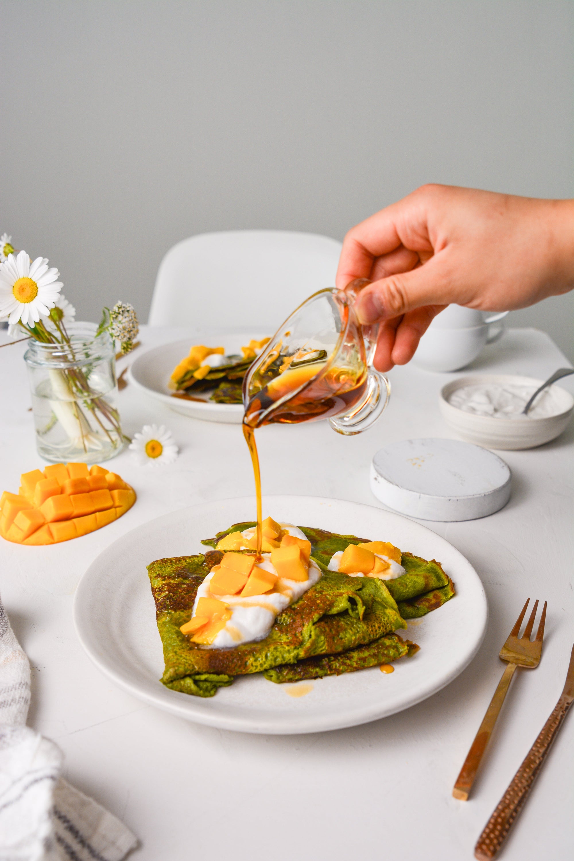 Matcha Crepes with Mangoes & Cream (plant-based)